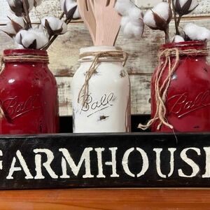 "Farmhouse" Red and White Ball Mason Jars Decor Set